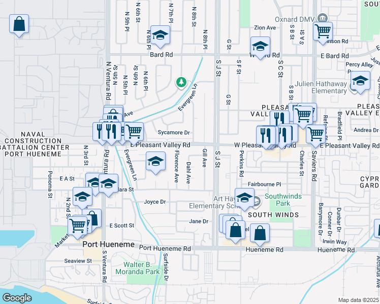 map of restaurants, bars, coffee shops, grocery stores, and more near 655 Dahl Avenue in Port Hueneme