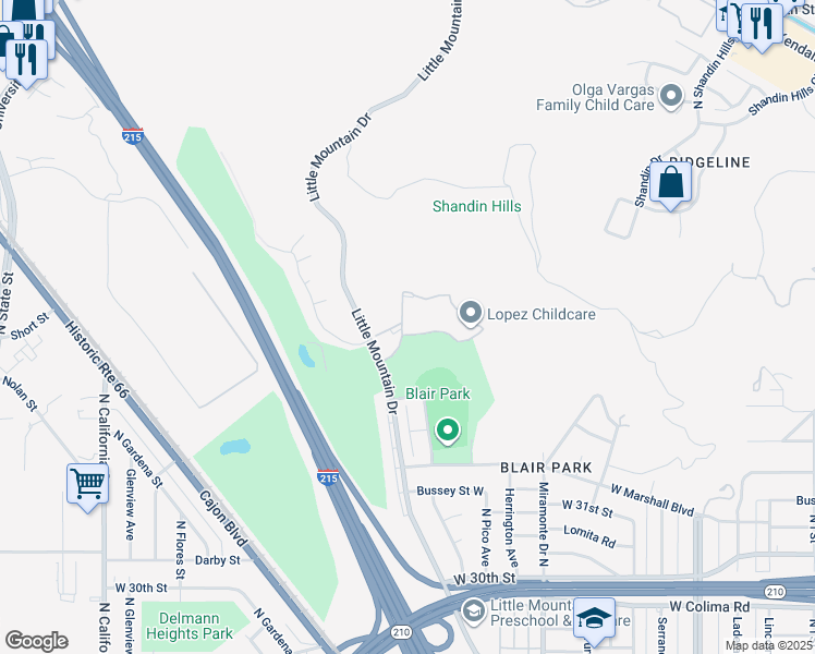 map of restaurants, bars, coffee shops, grocery stores, and more near 1480 West Edgehill Road in San Bernardino