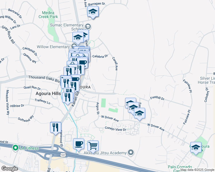 map of restaurants, bars, coffee shops, grocery stores, and more near 5733 Carell Avenue in Agoura Hills