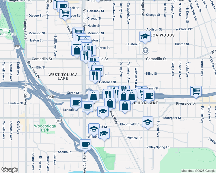 map of restaurants, bars, coffee shops, grocery stores, and more near 10827 West Riverton Court in Los Angeles