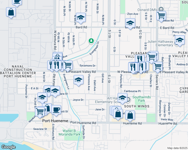 map of restaurants, bars, coffee shops, grocery stores, and more near 655 Dahl Avenue in Port Hueneme
