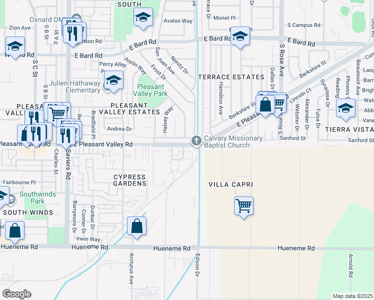 map of restaurants, bars, coffee shops, grocery stores, and more near 5110 Longfellow Way in Oxnard