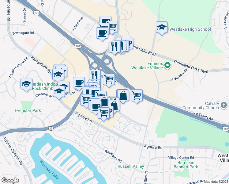 map of restaurants, bars, coffee shops, grocery stores, and more near 2829 Townsgate Road in Westlake Village