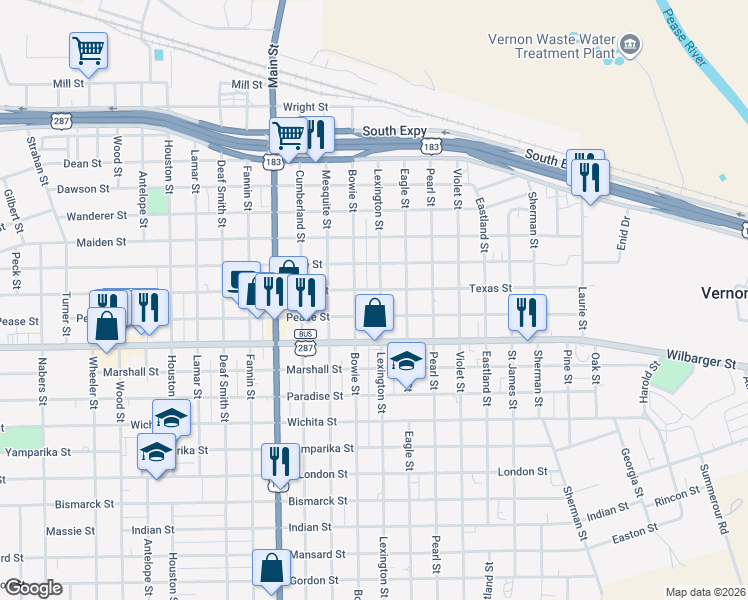 map of restaurants, bars, coffee shops, grocery stores, and more near 1428 Texas Street in Vernon