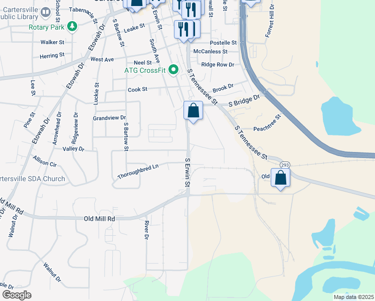 map of restaurants, bars, coffee shops, grocery stores, and more near 0 Georgia Boulevard in Cartersville