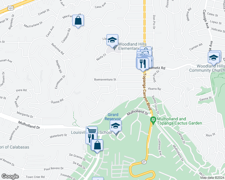 map of restaurants, bars, coffee shops, grocery stores, and more near 22217 Ybarra Road in Los Angeles