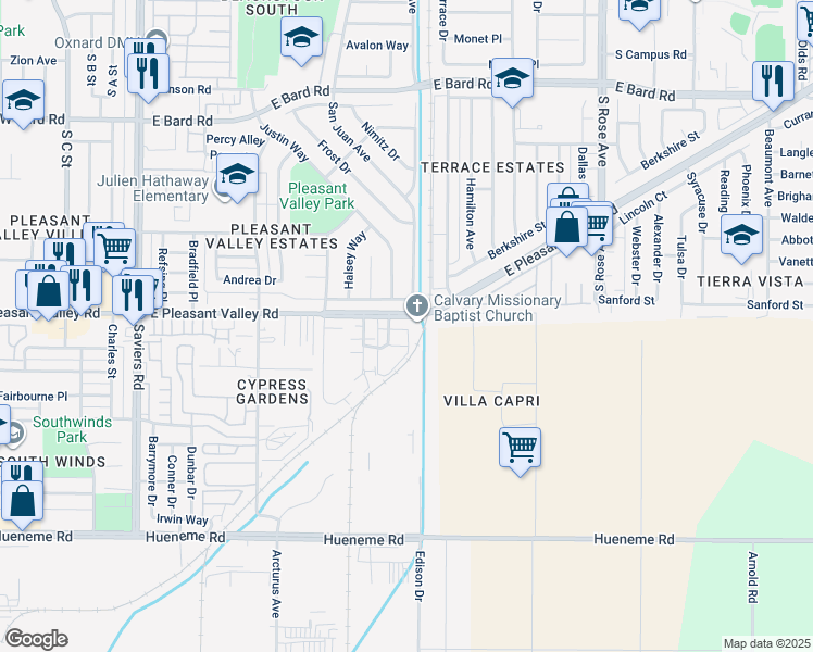 map of restaurants, bars, coffee shops, grocery stores, and more near 5122 Longfellow Way in Oxnard