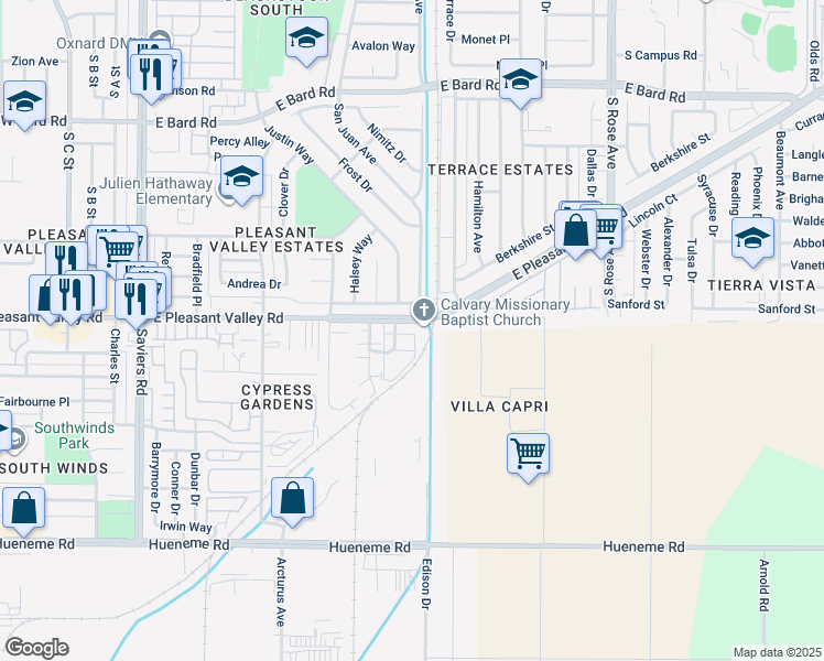 map of restaurants, bars, coffee shops, grocery stores, and more near 5122 Longfellow Way in Oxnard