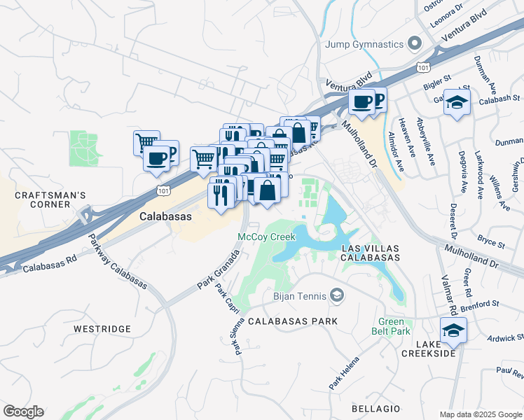 map of restaurants, bars, coffee shops, grocery stores, and more near 23600 Park Sorrento in Calabasas