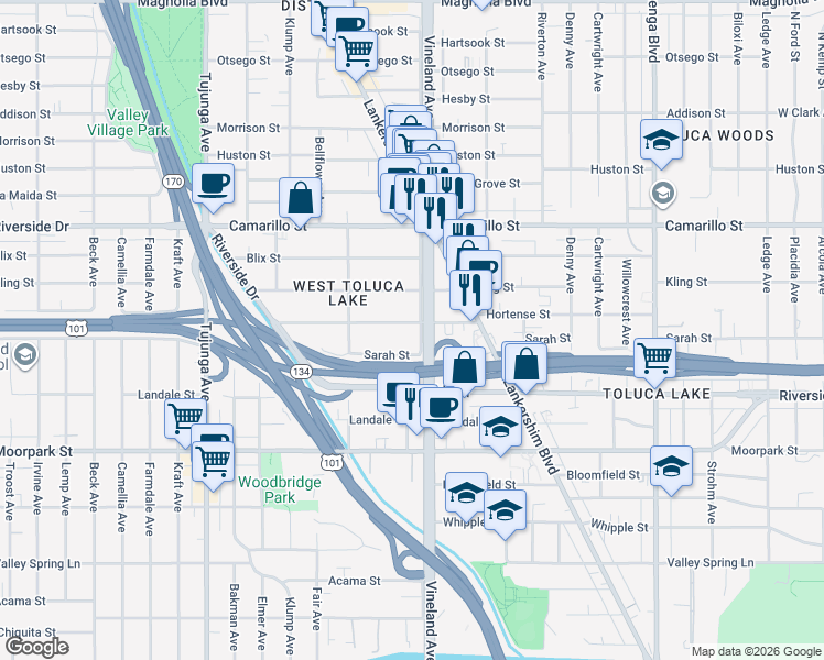 map of restaurants, bars, coffee shops, grocery stores, and more near 11012 Hortense Street in Los Angeles