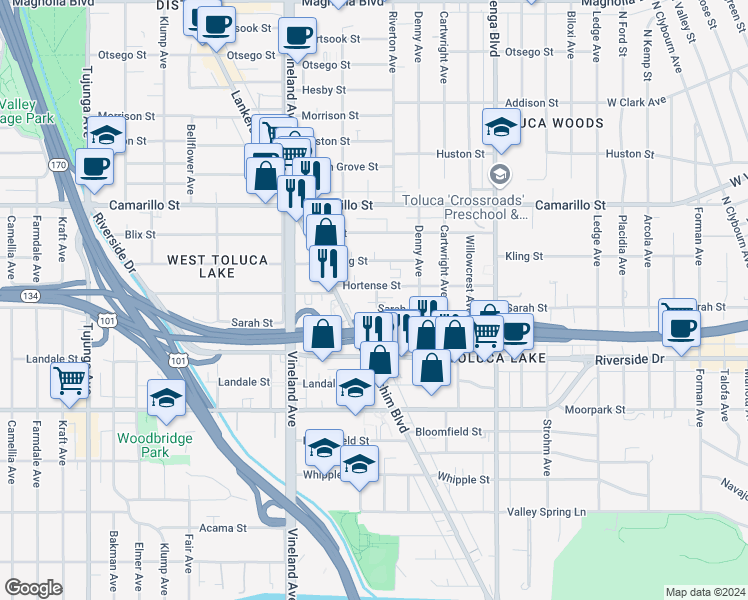 map of restaurants, bars, coffee shops, grocery stores, and more near 4611 Riverton Avenue in Los Angeles