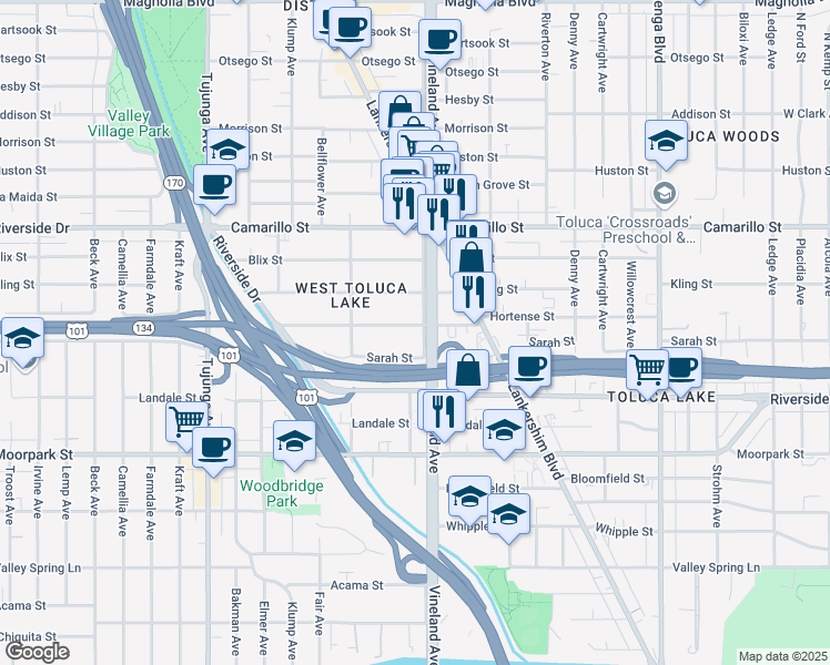 map of restaurants, bars, coffee shops, grocery stores, and more near 11012 Hortense Street in Los Angeles