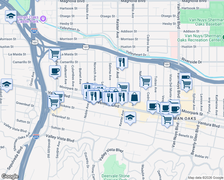 map of restaurants, bars, coffee shops, grocery stores, and more near 4631 Kester Avenue in Los Angeles