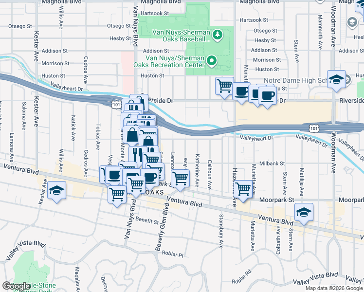 map of restaurants, bars, coffee shops, grocery stores, and more near 4545 Tyrone Avenue in Los Angeles