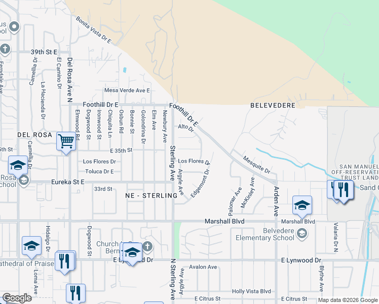 map of restaurants, bars, coffee shops, grocery stores, and more near 25737 Segundo Court in San Bernardino