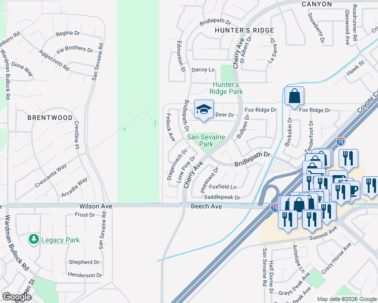 map of restaurants, bars, coffee shops, grocery stores, and more near 5451 Wrangler Drive in Fontana