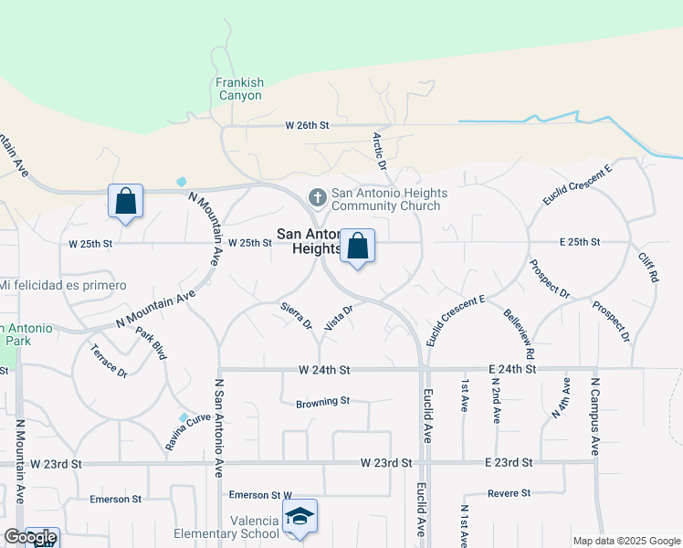 map of restaurants, bars, coffee shops, grocery stores, and more near 352 East 25th Street in Upland
