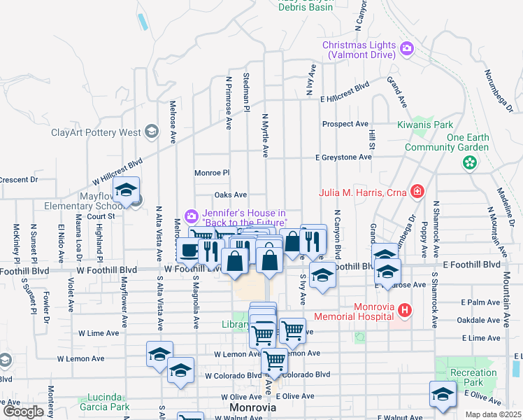 map of restaurants, bars, coffee shops, grocery stores, and more near 218 Stedman Place in Monrovia