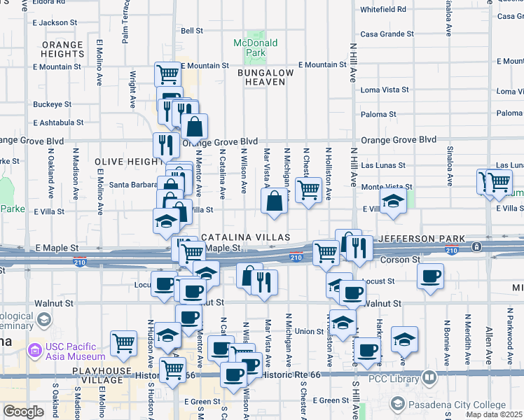 map of restaurants, bars, coffee shops, grocery stores, and more near 516 Mar Vista Avenue in Pasadena