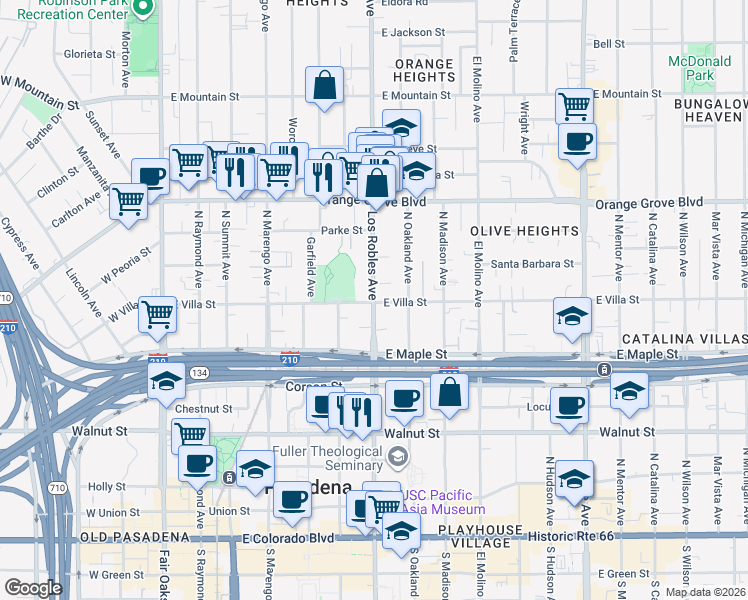 map of restaurants, bars, coffee shops, grocery stores, and more near 519 North Los Robles Avenue in Pasadena