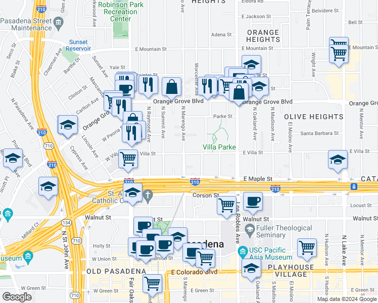 map of restaurants, bars, coffee shops, grocery stores, and more near 527 North Marengo Avenue in Pasadena
