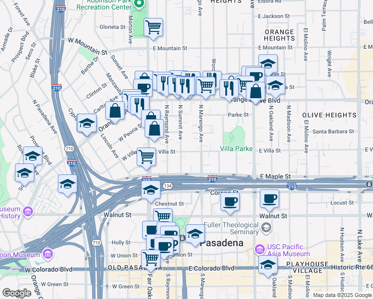 map of restaurants, bars, coffee shops, grocery stores, and more near 536 North Summit Avenue in Pasadena
