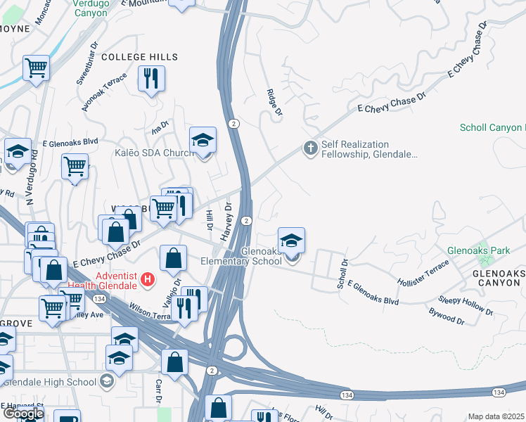 map of restaurants, bars, coffee shops, grocery stores, and more near 2060 Eleanore Drive in Glendale