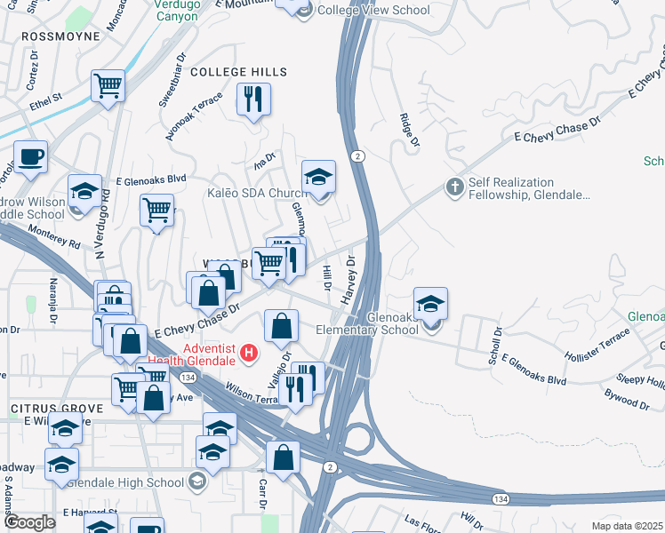 map of restaurants, bars, coffee shops, grocery stores, and more near 1920 East Chevy Chase Drive in Glendale