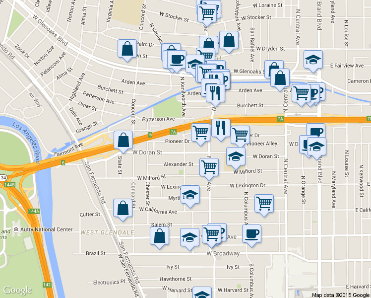 map of restaurants, bars, coffee shops, grocery stores, and more near 515 Pioneer Drive in Glendale