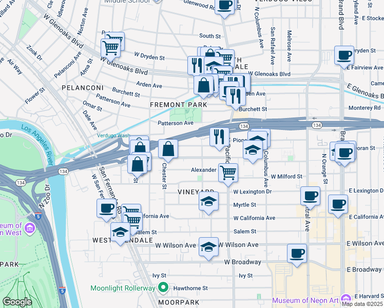 map of restaurants, bars, coffee shops, grocery stores, and more near 615 Pioneer Drive in Glendale