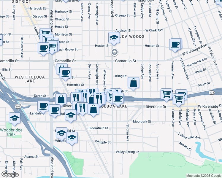 map of restaurants, bars, coffee shops, grocery stores, and more near 10611 Hortense Street in Los Angeles