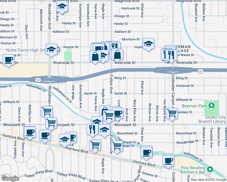 map of restaurants, bars, coffee shops, grocery stores, and more near 4634 Fulton Avenue in Los Angeles