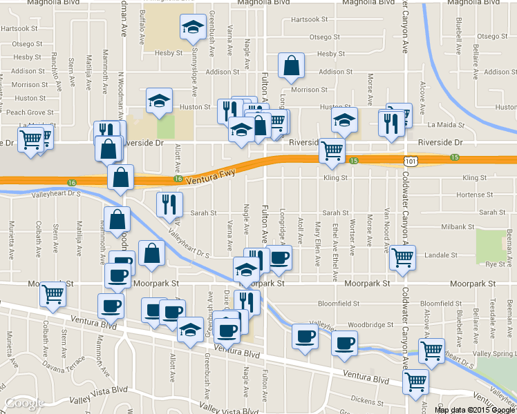 map of restaurants, bars, coffee shops, grocery stores, and more near 4634 Nagle Avenue in Los Angeles