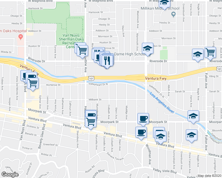 map of restaurants, bars, coffee shops, grocery stores, and more near 13944 Valleyheart Drive North in Los Angeles