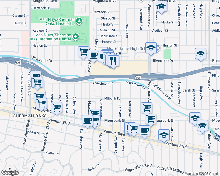 map of restaurants, bars, coffee shops, grocery stores, and more near 13944 Valleyheart Drive North in Los Angeles
