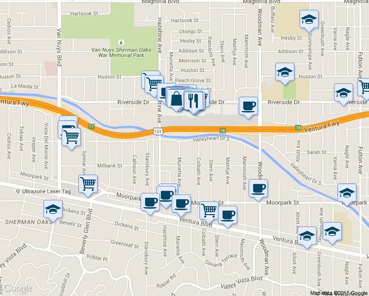 map of restaurants, bars, coffee shops, grocery stores, and more near 14056 Valleyheart Drive North in Los Angeles