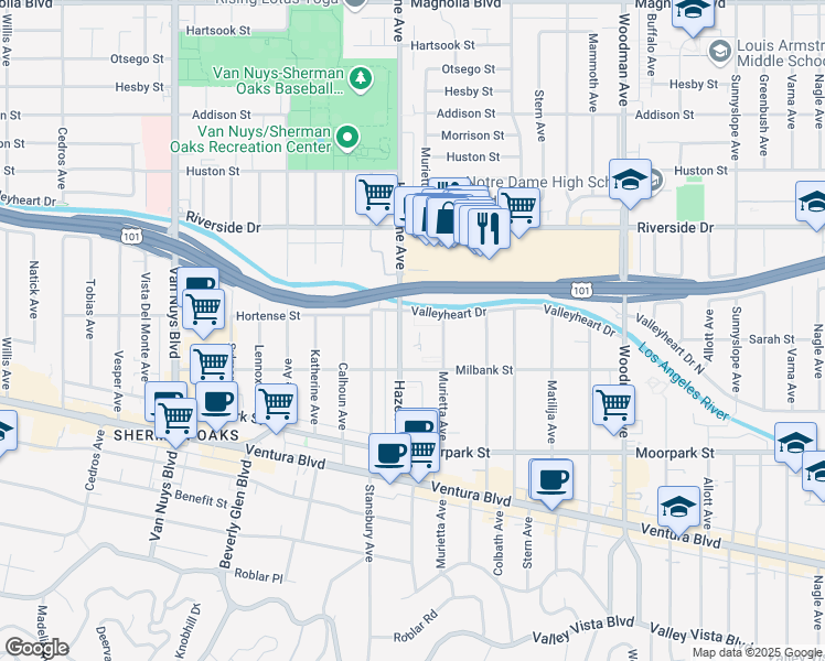 map of restaurants, bars, coffee shops, grocery stores, and more near 4565 Hazeltine Avenue in Los Angeles