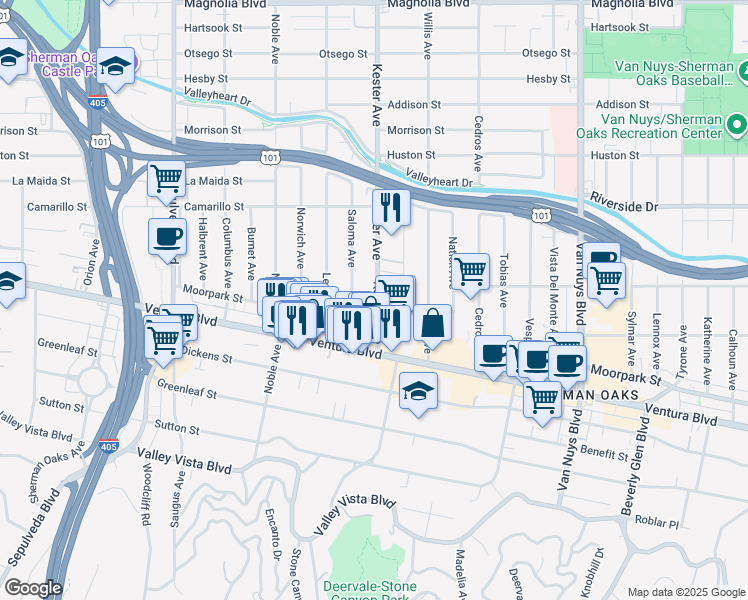 map of restaurants, bars, coffee shops, grocery stores, and more near 4631 Kester Avenue in Los Angeles