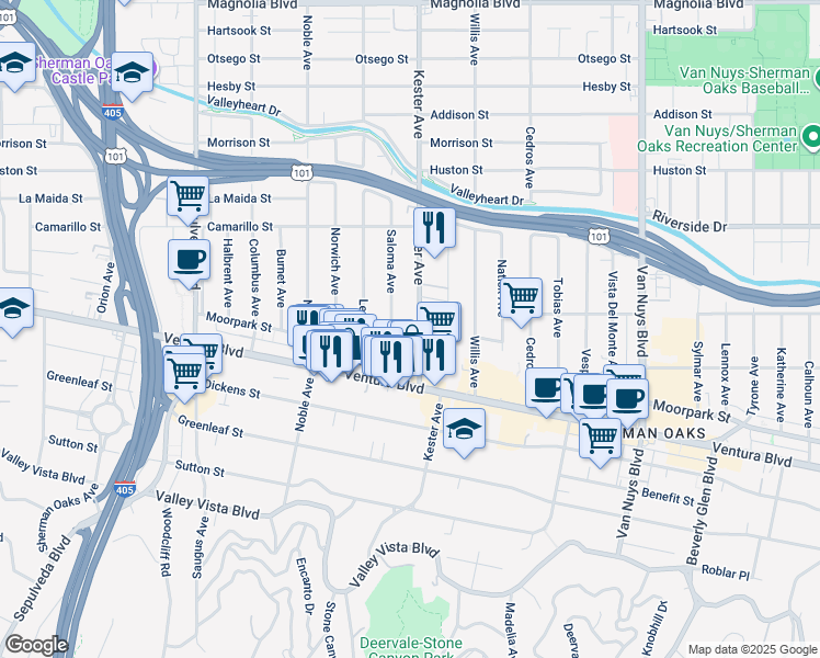 map of restaurants, bars, coffee shops, grocery stores, and more near 4631 Kester Avenue in Los Angeles