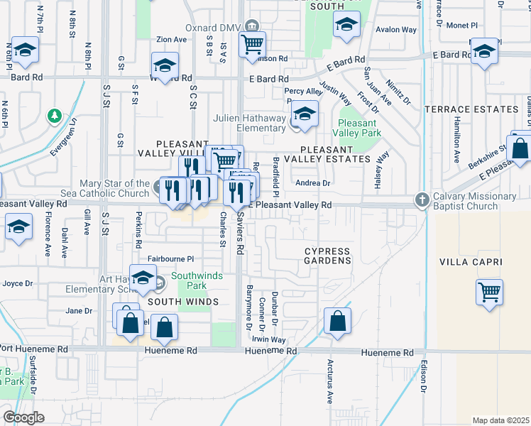 map of restaurants, bars, coffee shops, grocery stores, and more near 215 East Pleasant Valley Road in Oxnard
