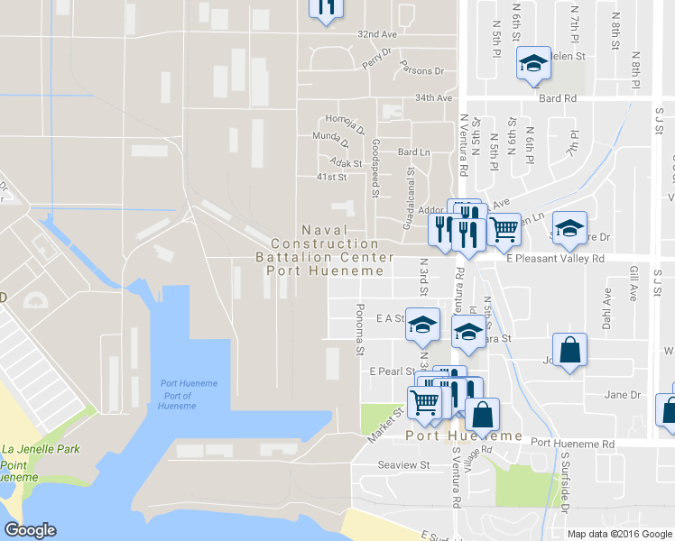 map of restaurants, bars, coffee shops, grocery stores, and more near 100 West Pleasant Valley Road in Port Hueneme