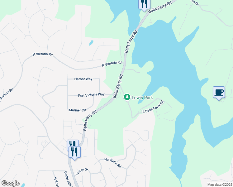 map of restaurants, bars, coffee shops, grocery stores, and more near Bells Ferry Road in Canton