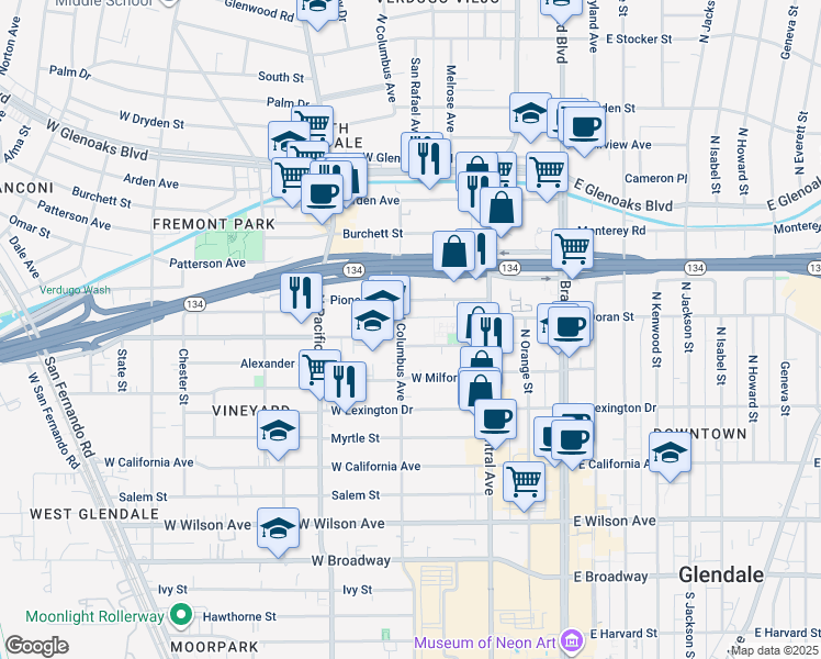 map of restaurants, bars, coffee shops, grocery stores, and more near 612 North Columbus Avenue in Glendale