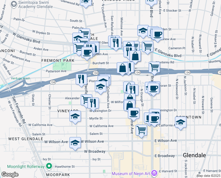 map of restaurants, bars, coffee shops, grocery stores, and more near 612 North Columbus Avenue in Glendale