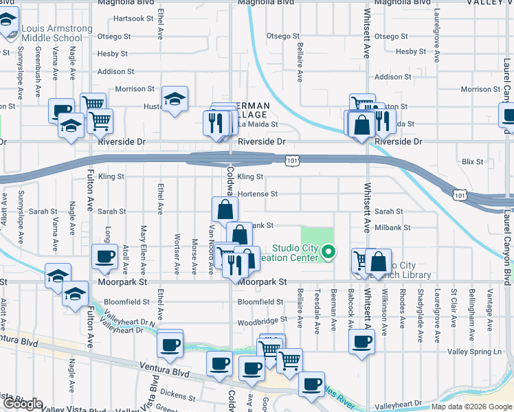 map of restaurants, bars, coffee shops, grocery stores, and more near 12815 Sarah Street in Los Angeles