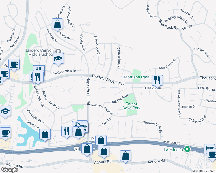 map of restaurants, bars, coffee shops, grocery stores, and more near 30063 Torrepines Place in Agoura Hills