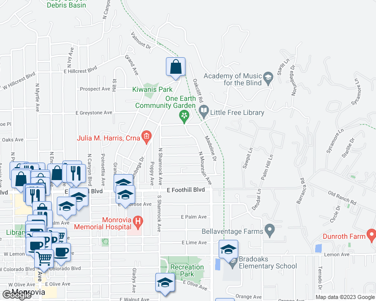 map of restaurants, bars, coffee shops, grocery stores, and more near 755 Valley View Avenue in Monrovia
