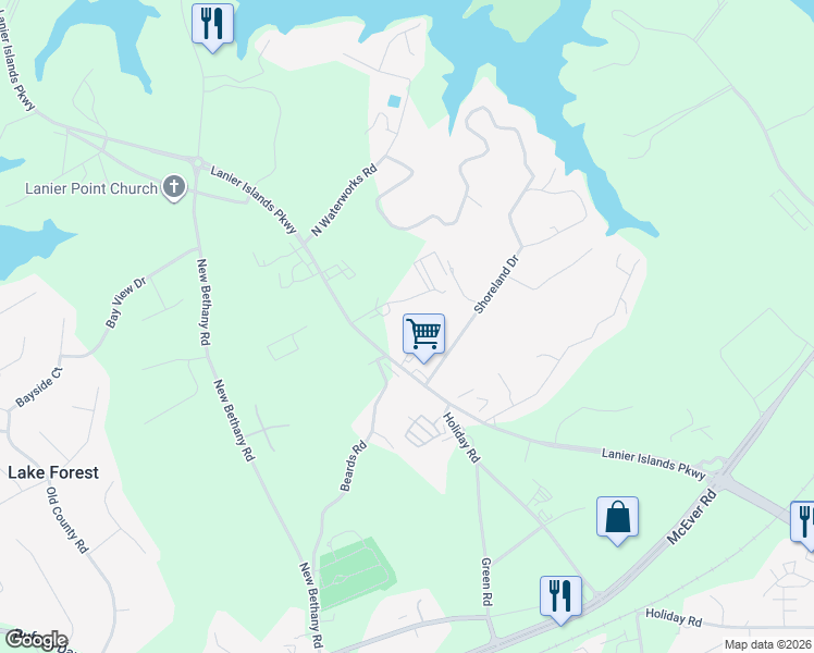 map of restaurants, bars, coffee shops, grocery stores, and more near 6005 Holiday Road in Buford
