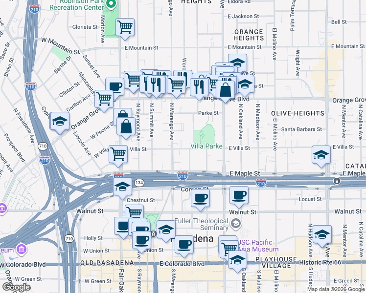map of restaurants, bars, coffee shops, grocery stores, and more near 265 East Villa Street in Pasadena