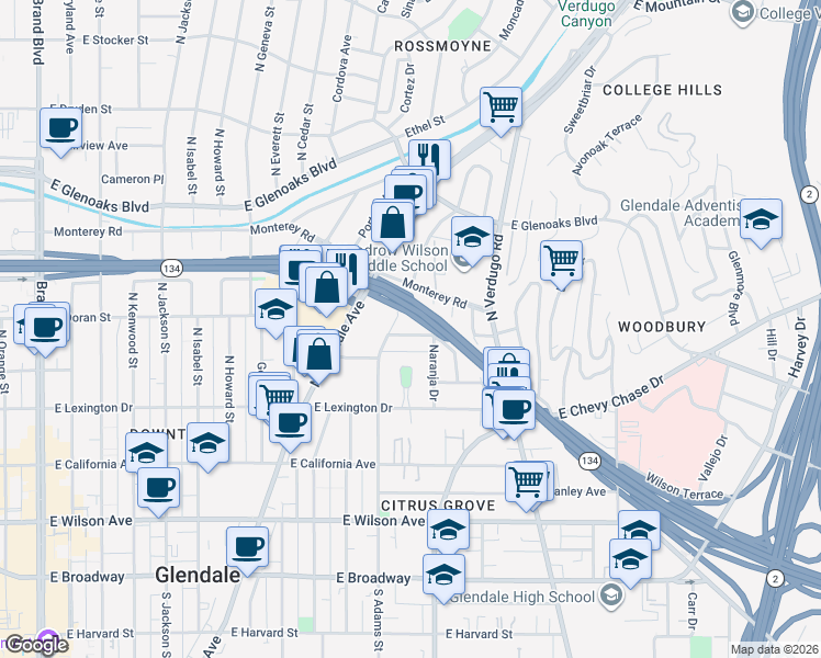 map of restaurants, bars, coffee shops, grocery stores, and more near 1129 East Doran Street in Glendale